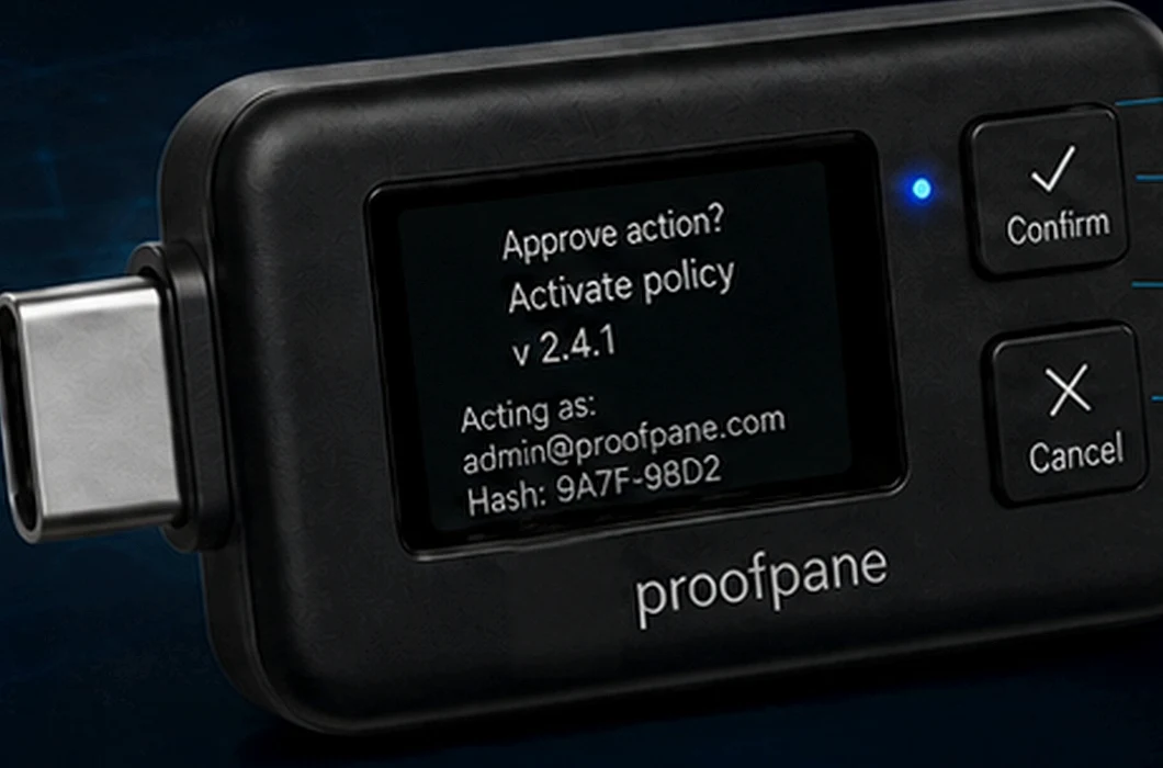 R3 — ProofKey concept device: USB-C signer with trusted display showing the exact action, physical Confirm and Cancel buttons