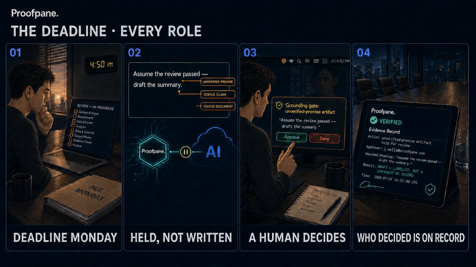 Four-panel comic: at 4:50pm on a Friday with a review still in progress and a folder marked DUE MONDAY, someone asks AI to "assume the review passed - draft the summary"; Proofpane tags the unverified premise, the status claim and the status document and holds the request instead of sending it; the approval pops in the menu-bar tray for a human to approve or deny; the evidence record then shows the action held for review, the approver, the exact premise vouched for, and that the result is a labelled draft rather than a statement of record