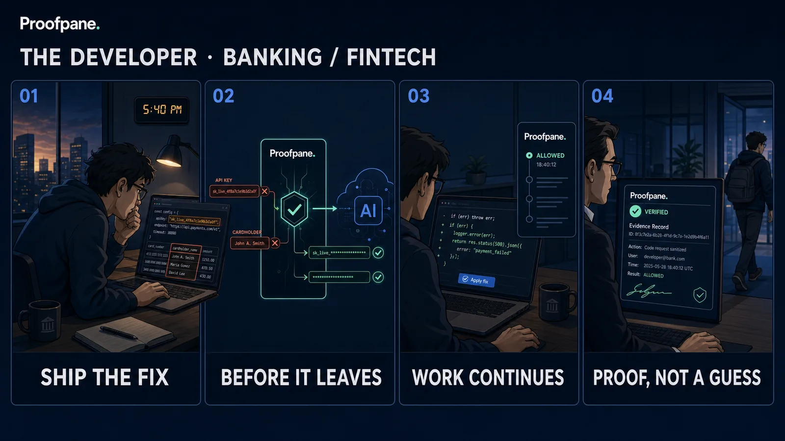Four-panel comic: a developer pastes code containing a live API key into an AI coding tool at 5:40pm; Proofpane wipes the key and card data before the request leaves; work continues; the evidence record shows what was caught