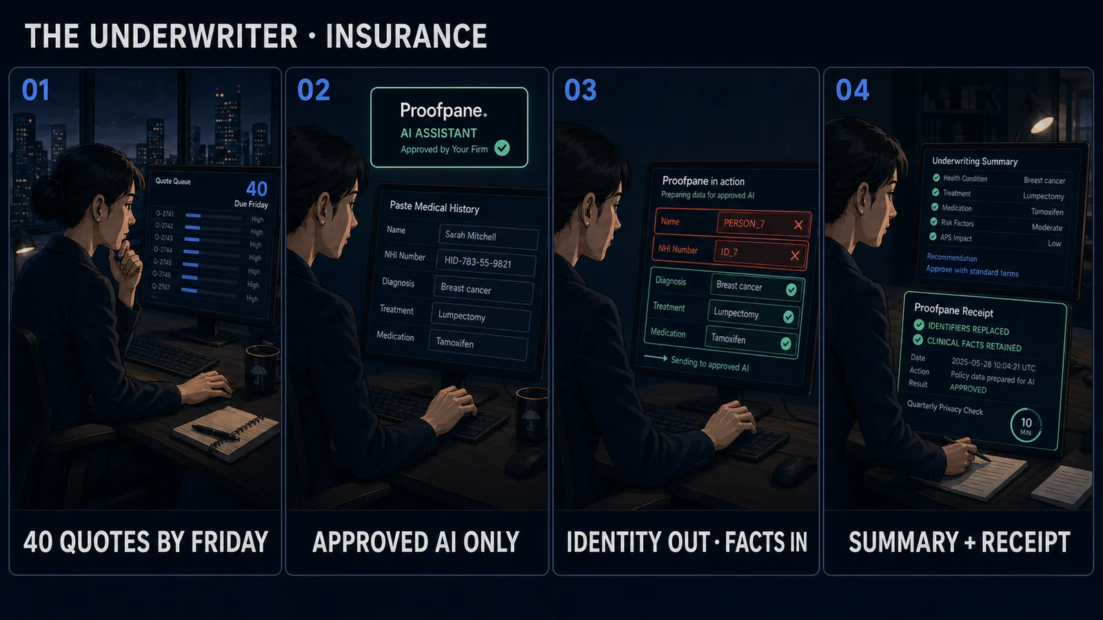 Four-panel comic: an underwriter clearing forty quotes pastes a medical history into the approved AI assistant; Proofpane replaces the name and NHI number with placeholders while the diagnosis, treatment and medication pass through; the underwriting summary lands, and an evidence receipt shows identifiers replaced and clinical facts retained