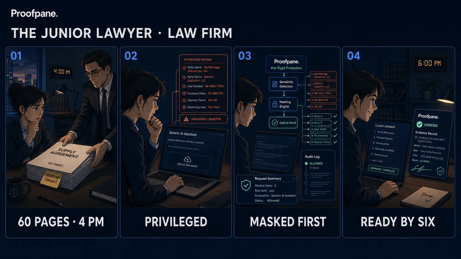 Four-panel comic: a junior lawyer summarises a 60-page privileged agreement with AI; Proofpane masks party names and deal terms before the request leaves and logs the event; the summary lands by six
