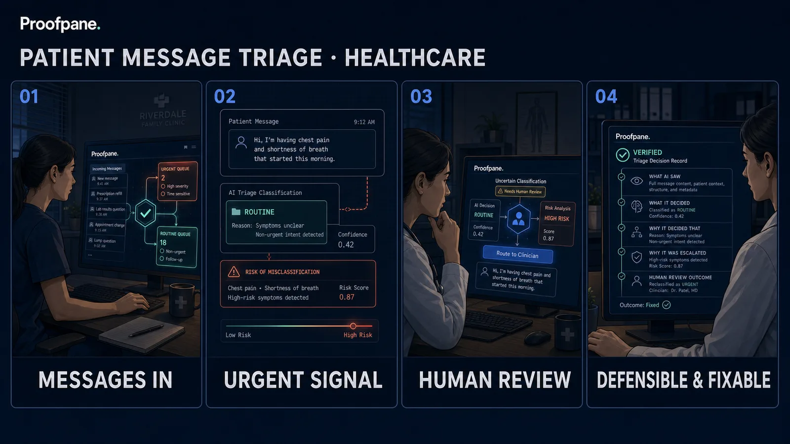 Four-panel comic: an AI flow sorts patient messages into urgent and routine; Proofpane routes urgent-keyword and can't-classify messages to a human per the clinic's rules and records every sorting decision