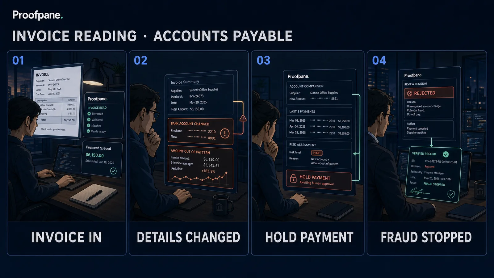 Four-panel comic: an accounts-payable flow reads invoices with AI; a pixel-perfect fake invoice with a changed bank account sails in; Proofpane holds account changes and out-of-pattern amounts for a human