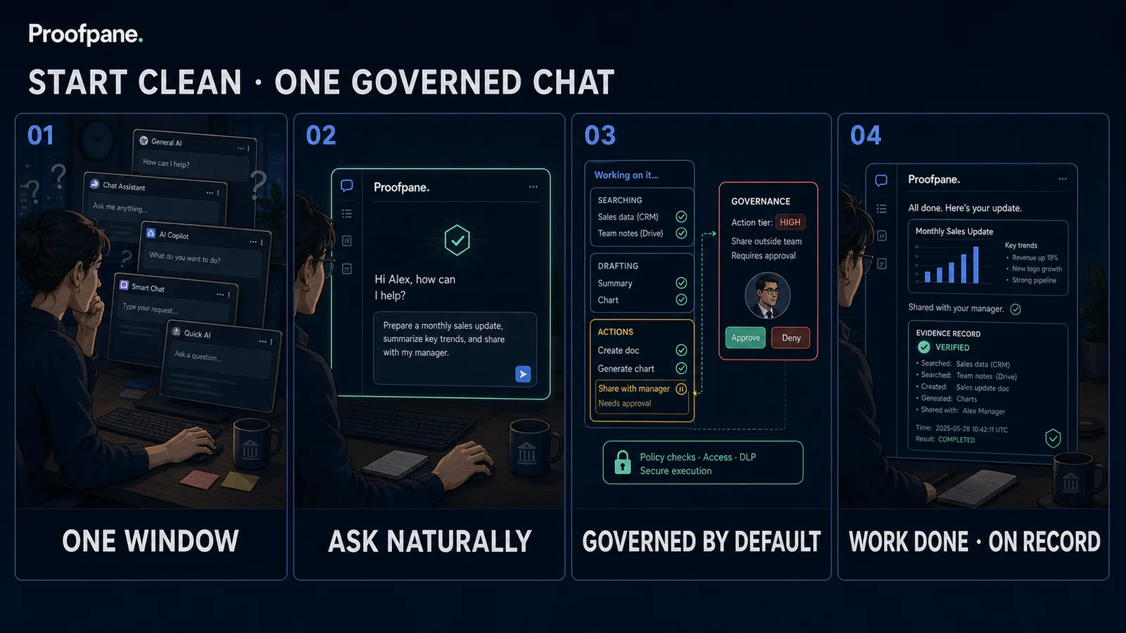 Four-panel comic: staff who never used coding agents do their everyday AI work in Proofpane's single governed chat window, with every action governed and on the record by default