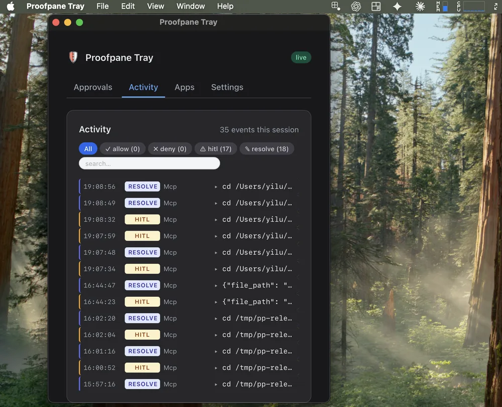 Proofpane tray app, Activity tab: a live stream of AI actions with human-in-the-loop pauses and releases